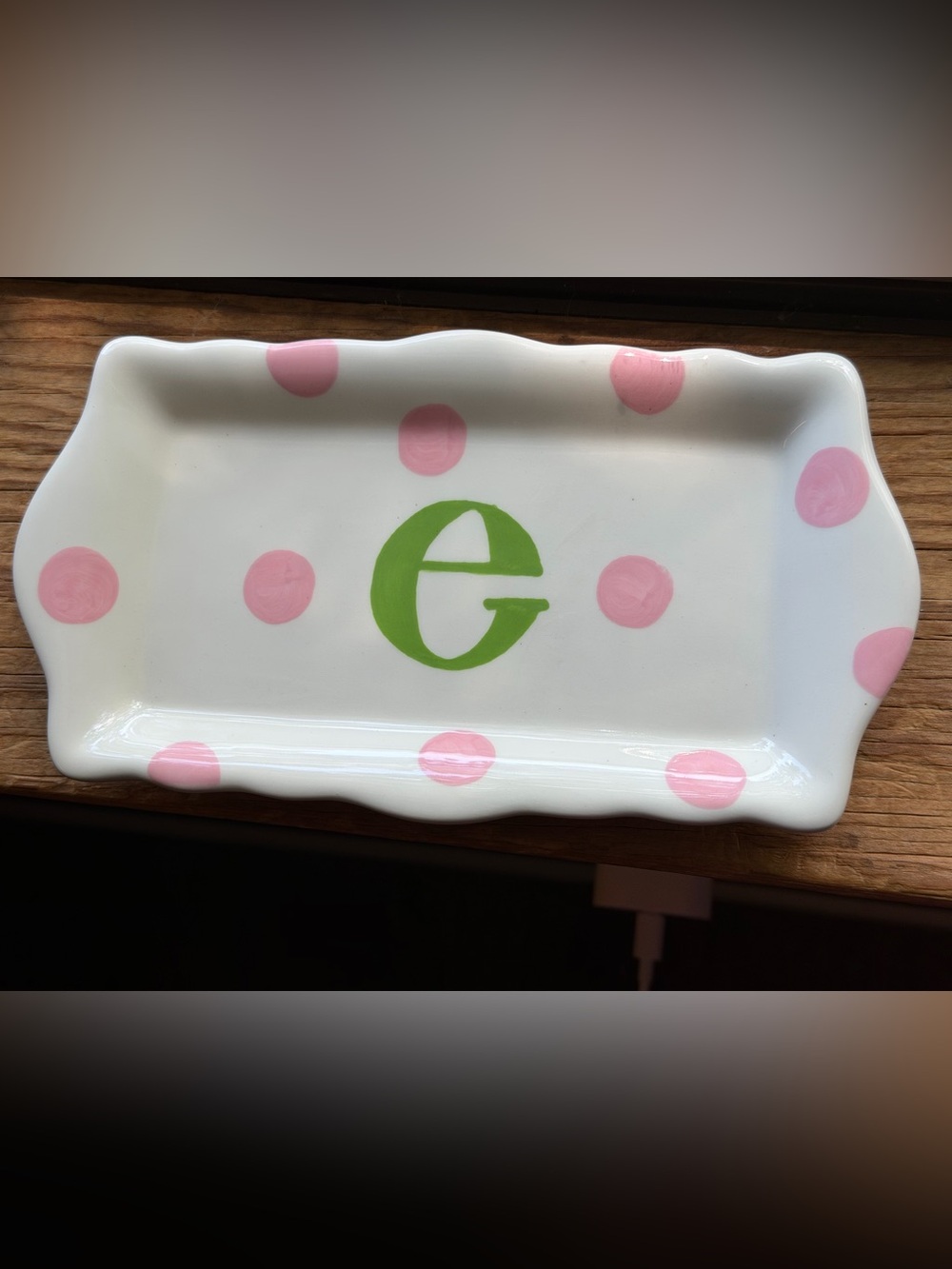 Ceramic initial “e” dish from approximately 2008 preppy college back to school